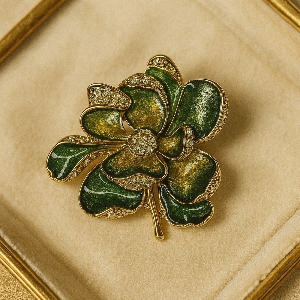 Monet Signed Green Enamel Rhinestone Flower Brooch Vintage Statement Pin OS